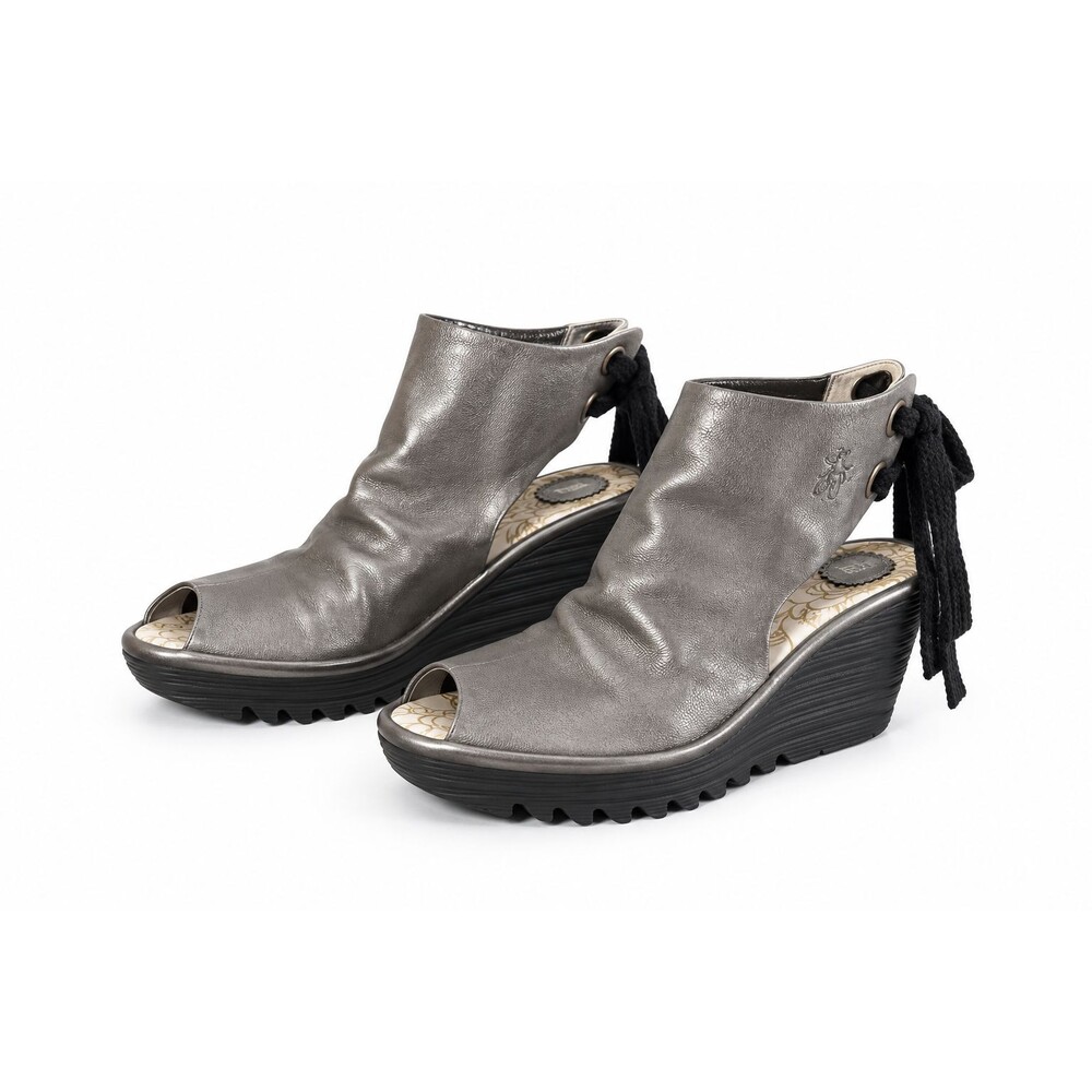 FLY London Womens 40 Silver Leather Wedge Sandals Peep Toe Lace Up Boho